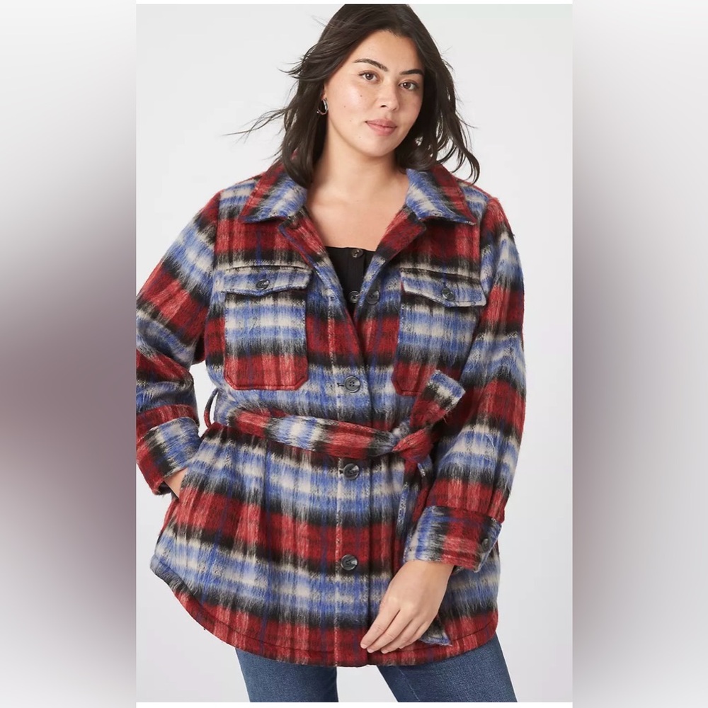 NWT Lane Bryant Faux-Wool Plaid Belted Shacket - Red, Black & Blue Size 18/20